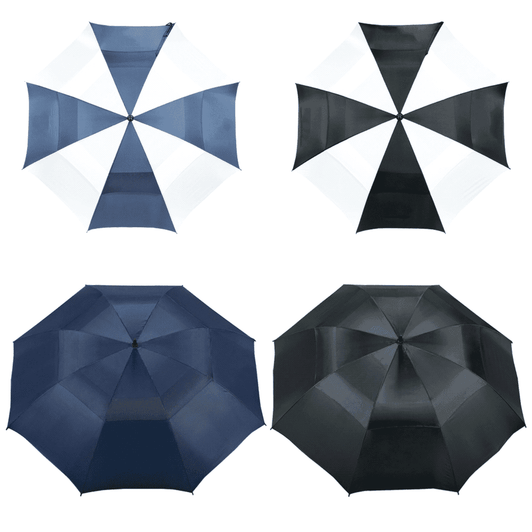 A vented golf umbrella featuring a black and white colour scheme, along with navy blue options. Includes branding.
