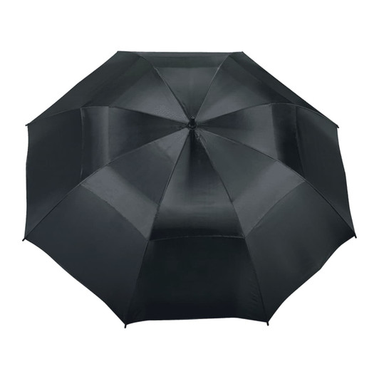 A black vented golf umbrella featuring multiple panels and a central rib for support. It includes a logo.