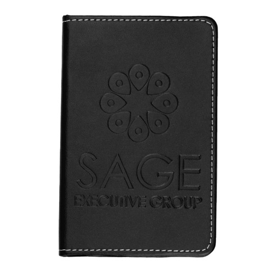 A black leather notebook with embossed branding, featuring white stitching along the edges.