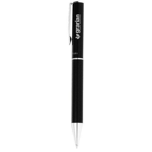 A sleek black metal ballpoint pen with a silver clip and branding on the barrel.