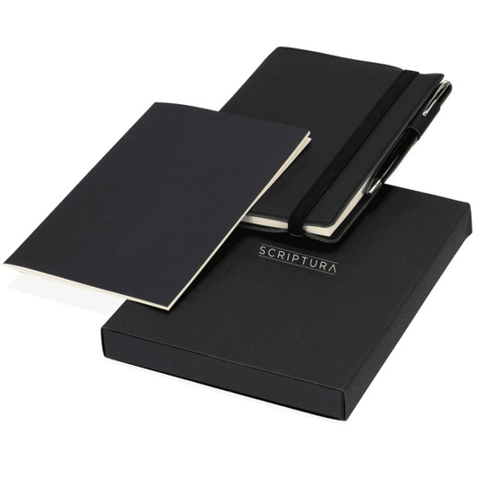 A black notebook and pen gift set in a black box, featuring a logo on the packaging.