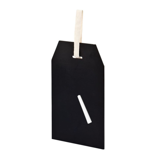 A black rectangular blackboard with a hanging strap and a white chalk piece included.