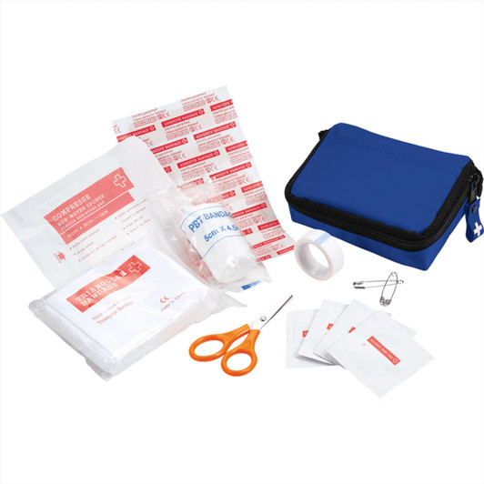 A blue first aid kit containing bandages, scissors, adhesive tape, and antiseptic wipes, along with safety pins.