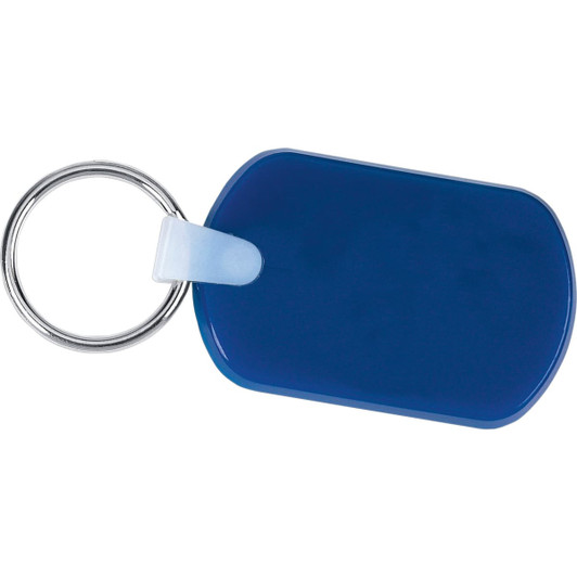A rectangular soft key tag in navy blue with a silver keyring attachment. It has a smooth, glossy finish.