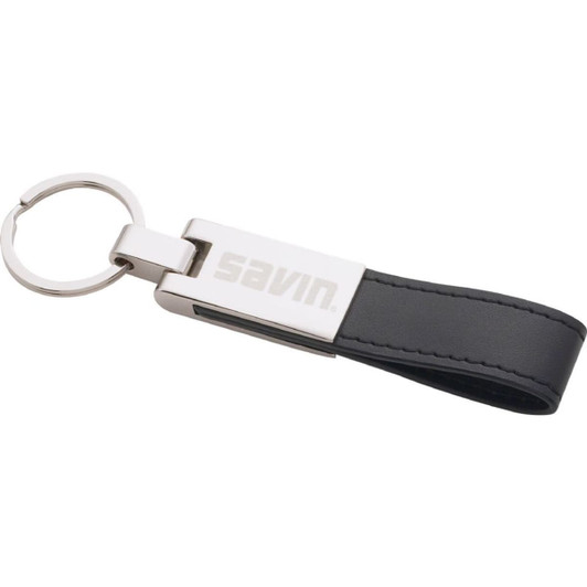 A silver key ring with a black faux leather strap and a logo on the metal part.