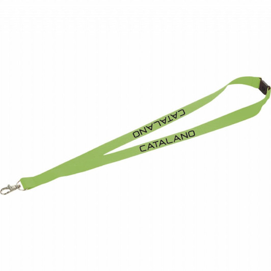 A bright green lanyard with a lobster clip and one logo along its length.