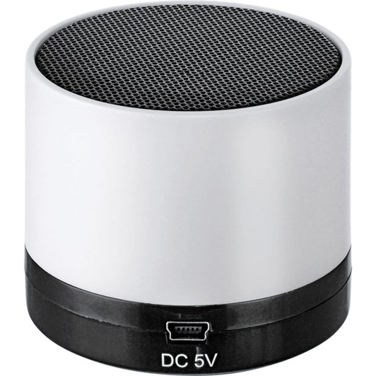 A cylindrical Bluetooth speaker in white and black with a mesh top and a charging port at the base.