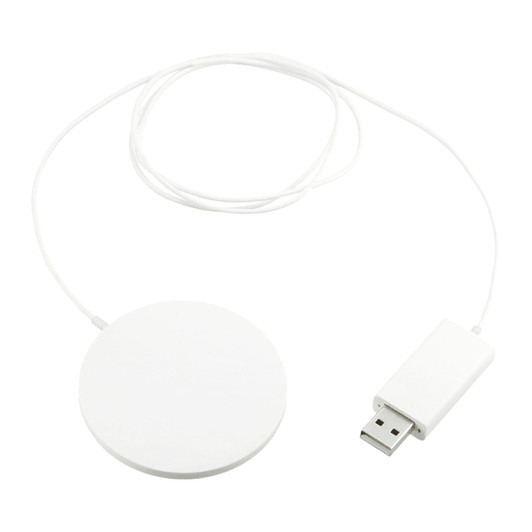 A wireless charging pad in white with a USB connector and a long cable. It features a sleek, circular design.