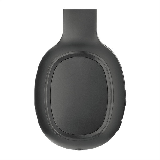 A black Bluetooth headphone with a smooth surface and controls on the side, featuring a subtle branding logo.