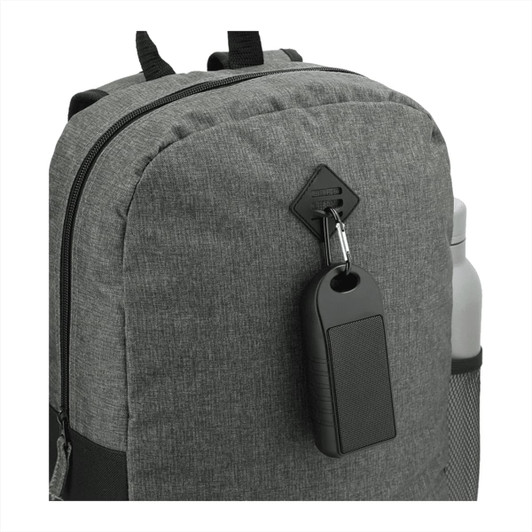 A grey backpack featuring a zippered compartment and a water bottle holder. Includes a keychain attachment.