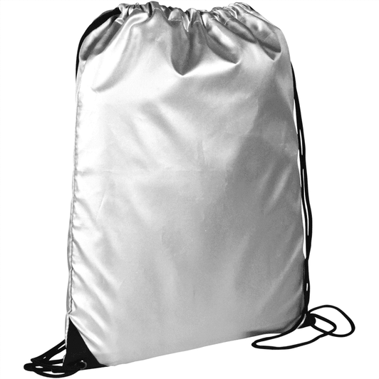 A reflective silver drawstring bag with black strings and a simple design, featuring a logo.