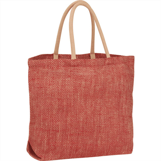 A red and natural herringbone jute tote bag with two handles and ample storage capacity. It features a logo.