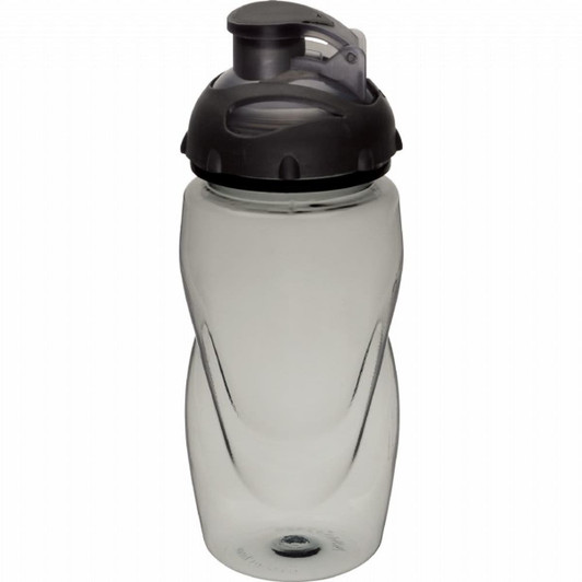 A drink bottle featuring a grey lid and a clear body, designed for sports and hydration. It has a logo on the lid.