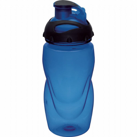 A drink bottle in blue with a black lid and a logo, designed for sports and active use.