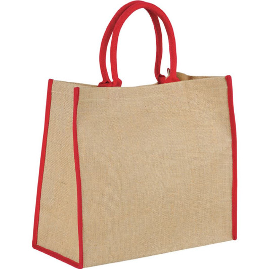 A large jute tote bag with red handles and edging, featuring a simple design. It also has a logo.