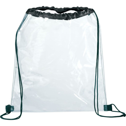 A clear drawstring sportspack with black drawstrings and toggle closures. Features a simple, transparent design.