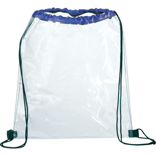 A clear drawstring sportspack with a purple top and black drawstrings, featuring a logo.