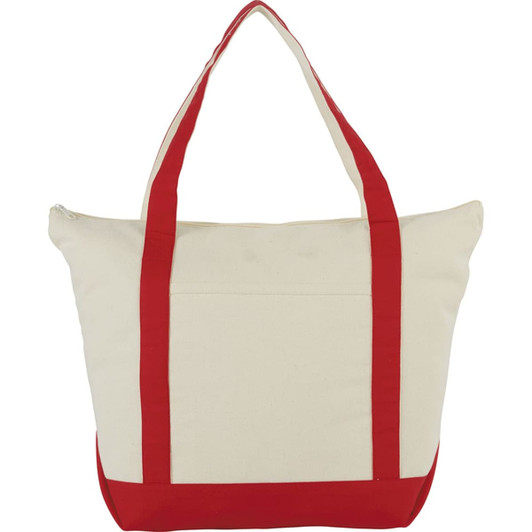 A zippered cotton tote bag in cream with red straps and base, featuring a branding logo.