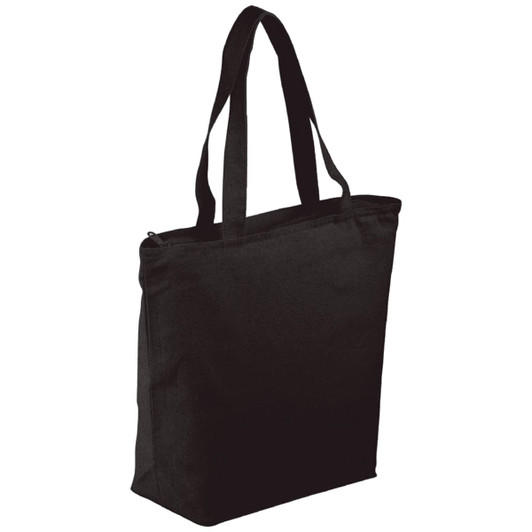A black zippered tote bag with two handles, featuring a simple and spacious design.