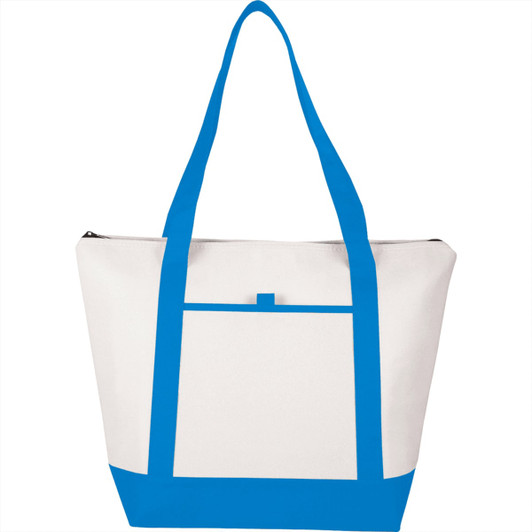 A white cooler bag with blue straps and a front pocket. It includes a logo on one side.