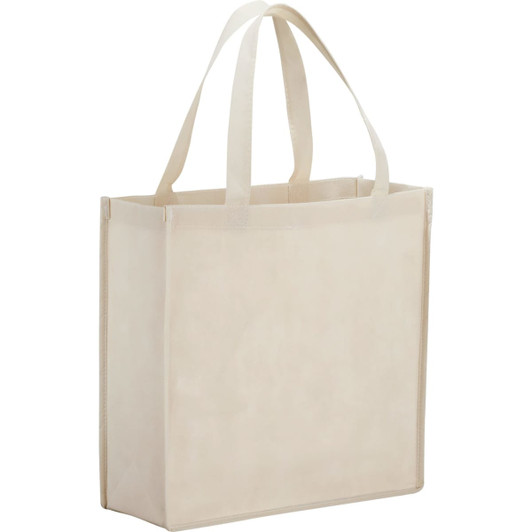 A beige non-woven shopper tote bag with two handles and a logo on one side. Perfect for shopping or carrying items.