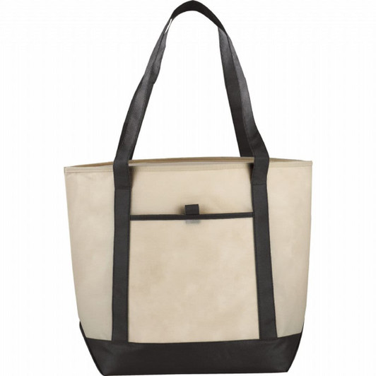 A large cream tote bag with black straps and a front pocket, featuring a branding logo.