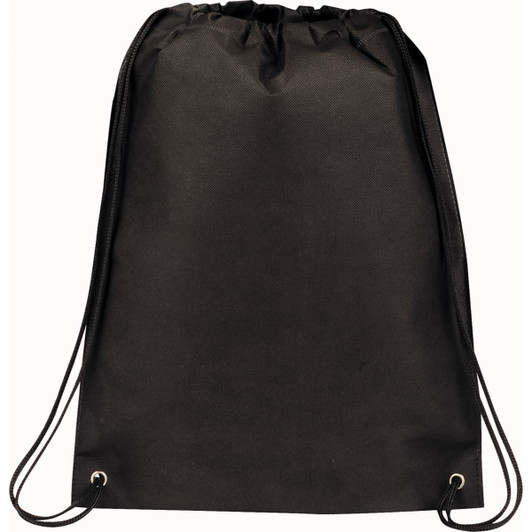 A black drawstring sportspack with a textured finish and a logo at the top. It features two cord straps.