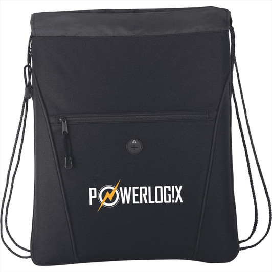 A black drawstring bag featuring a zippered pocket and a logo, with adjustable straps for carrying.