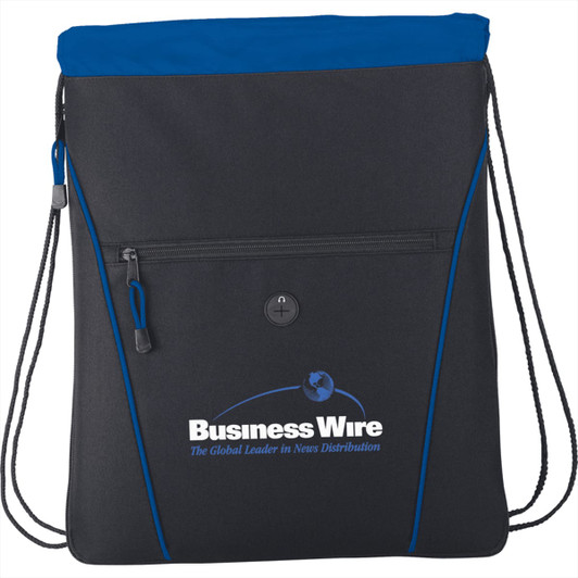 A black drawstring bag with a blue top, featuring a front zip pocket and branding on the front.