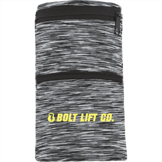 A heathered grey wristband with black zippers and a logo, featuring a pocket for small items.