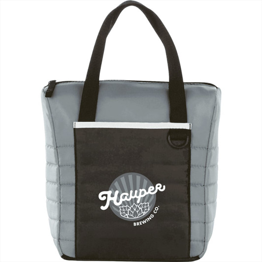 A quilted cooler bag in grey and black, featuring a logo on the front and sturdy handles.