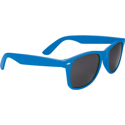 Blue sunglasses with dark lenses and a logo on the arm. Suitable for leisure and outdoor activities.