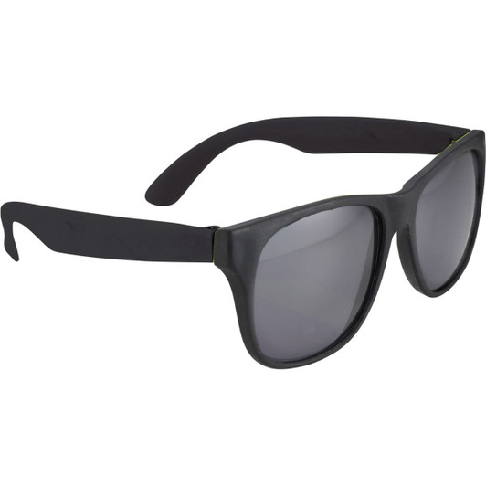 Retro promotional glasses in black with dark lenses, designed for leisure and outdoor activities. Features a logo.
