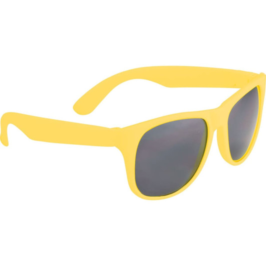 A pair of yellow retro sunglasses with dark lenses, featuring a logo on the frame.