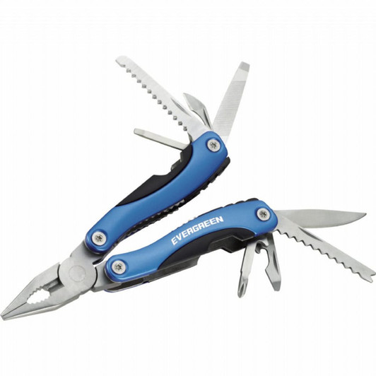 A blue and silver 11-function mini multi-tool with pliers, blades, and various tools. It features a logo.
