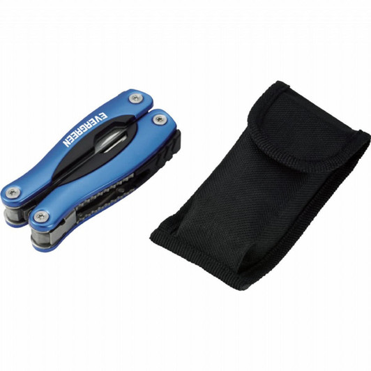 A blue multi-tool with multiple functions next to a black carrying pouch. The tool has a logo.