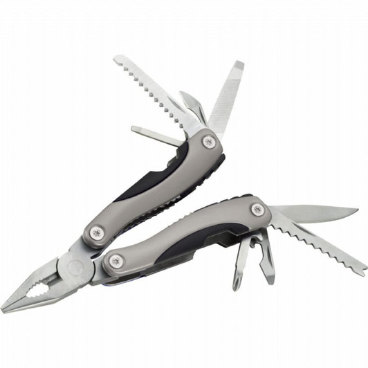 A multi-tool with pliers, various blades, and tools in silver and black, featuring a branding logo.