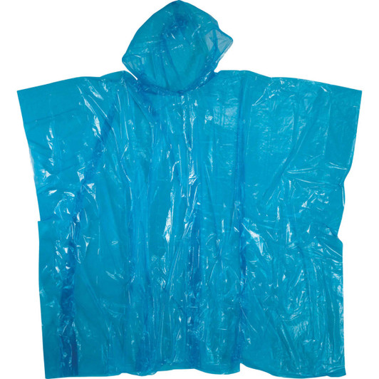 A lightweight, transparent blue disposable poncho with a hood, featuring an included logo.