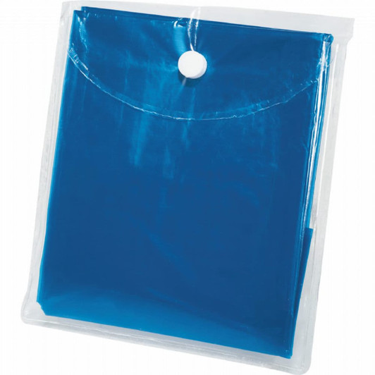 A blue disposable poncho packaged in a clear plastic bag, featuring a snap closure.