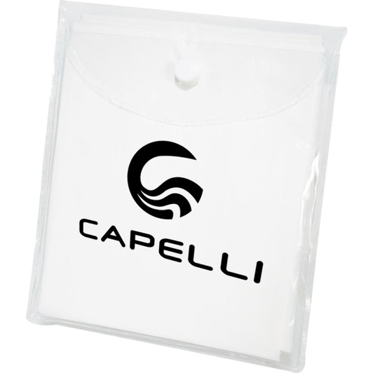 A white disposable poncho packaged in a clear, resealable pouch. The pouch features a logo on the front.