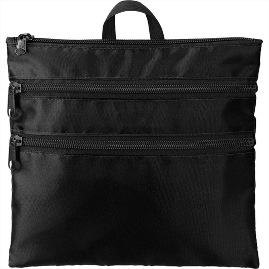 A black travel pouch with three zipped compartments and a top handle, designed for storing toiletries and accessories.