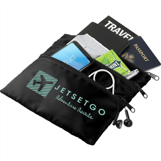 A black travel pouch containing a phone, passport, travel documents, mints, headphones, and pens. It has a logo.
