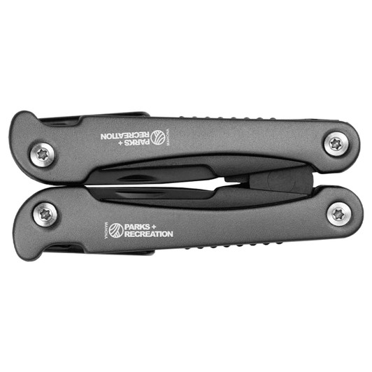 A black multi-tool with a sleek design and a logo, folded for compact storage with visible screws.