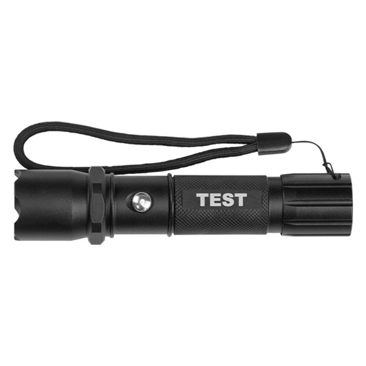 A black torch with a textured grip and a wrist strap, featuring a logo.