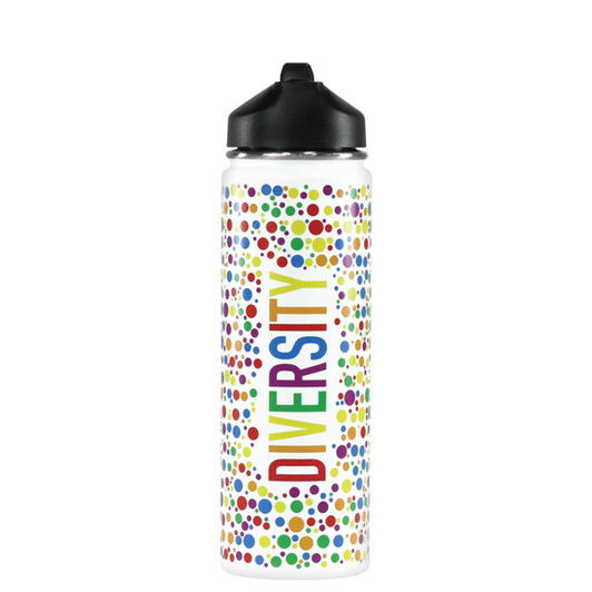 A drink bottle featuring a white background with colourful polka dots and the word "DIVERSITY" in bold letters. It has a black cap.