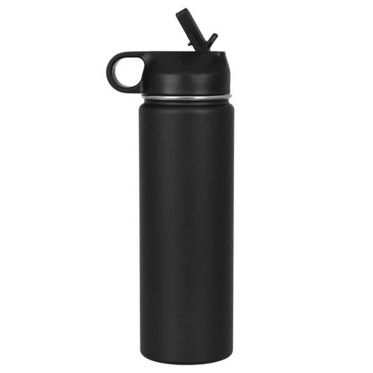 A black stainless steel drink bottle with a flip-top lid and a small spout, featuring a handle and a logo.