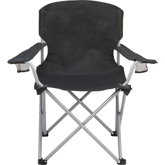 An oversized folding chair in black fabric with a metallic silver frame and armrests featuring mesh pockets.