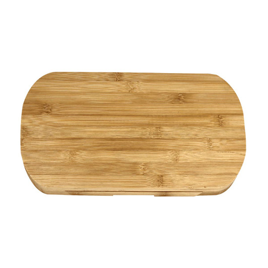 A bamboo cheese board set with a polished finish, featuring an oval shape and a branding logo.