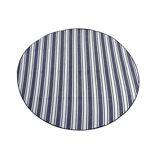 A round picnic rug featuring navy and white striped design with a solid border. It has a branding logo.