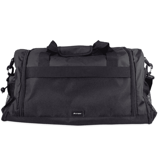 A black duffle bag with mesh pockets and dual handles, featuring a shoulder strap and branding.